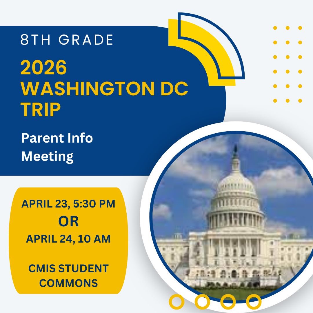 Central Middle (@cmis_ib) on Twitter photo 7th grade parents…we are prepping for our Washington, DC 2026 trip!! Info sessions will be this week. Wednesday at 530 pm and Thursday at 10 am. If you can’t make one of the sessions, reach out for info. This trip is for students who will be 8th graders at CMIS during 2526 year. 7th grade parents…we are prepping for our Washington, DC 2026 trip!! Info sessions will be this week. Wednesday at 530 pm and Thursday at 10 am. If you can’t make one of the sessions, reach out for info. This trip is for students who will be 8th graders at CMIS during 2526 year.