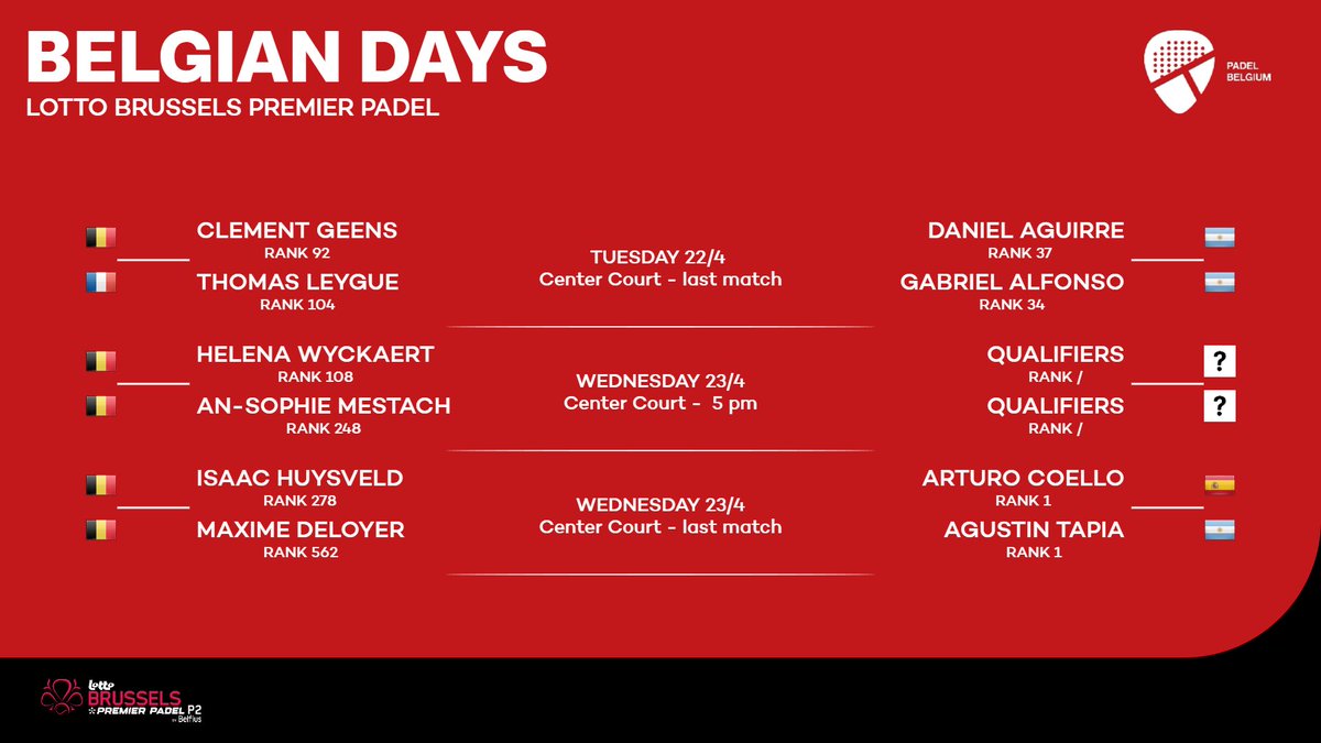 PadelBelgium's tweet photo. Belgian Days op dinsdag en woensdag op de Brussels
@premierpadel 🇧🇪  Tickets via https://t.co/EJgwJoCEWc https://t.co/dqYO4PRJkB