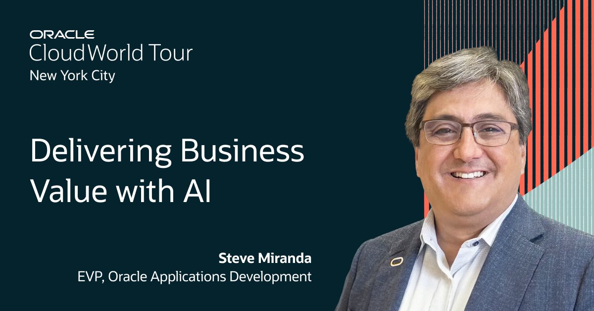 Oracle_Wayne's tweet image. 🚀 AI isn’t just for data scientists anymore.  
Teams in **Finance, HR, Marketing, Ops &amp;amp; IT** are all using #AI to work smarter.  Want to see how the pros do it?  
👀 Don’t miss Steve Miranda’s keynote at #CloudWorld Tour NYC — May 6.
  🔗 social.ora.cl/60102TpNk