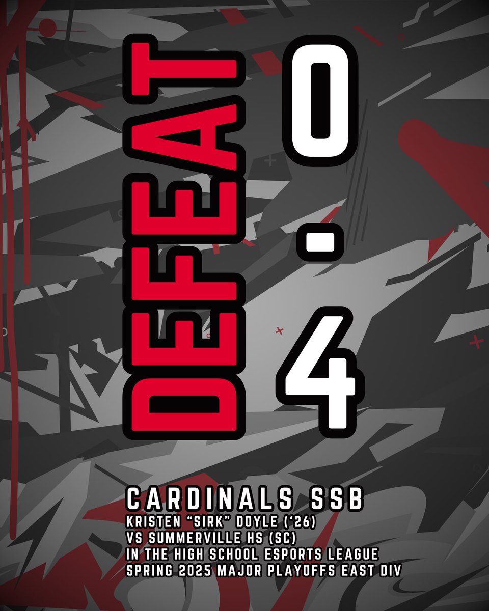 WWHS Cardinals Esports (@wwhs_esports) on Twitter photo Cardinals SSB finally ends its run in the #HSEL Spring 2025 Major Playoffs, falling to 2nd seed <a href="/GWEsortsHS/">Green Wave Esports</a> out of Summerville HS (SC)- congratulations to Kristen "Sirk" Doyle ('26) on a TOP 16 bracket finish in Playoffs! #GoCards Cardinals SSB finally ends its run in the #HSEL Spring 2025 Major Playoffs, falling to 2nd seed <a href="/GWEsortsHS/">Green Wave Esports</a> out of Summerville HS (SC)- congratulations to Kristen "Sirk" Doyle ('26) on a TOP 16 bracket finish in Playoffs! #GoCards