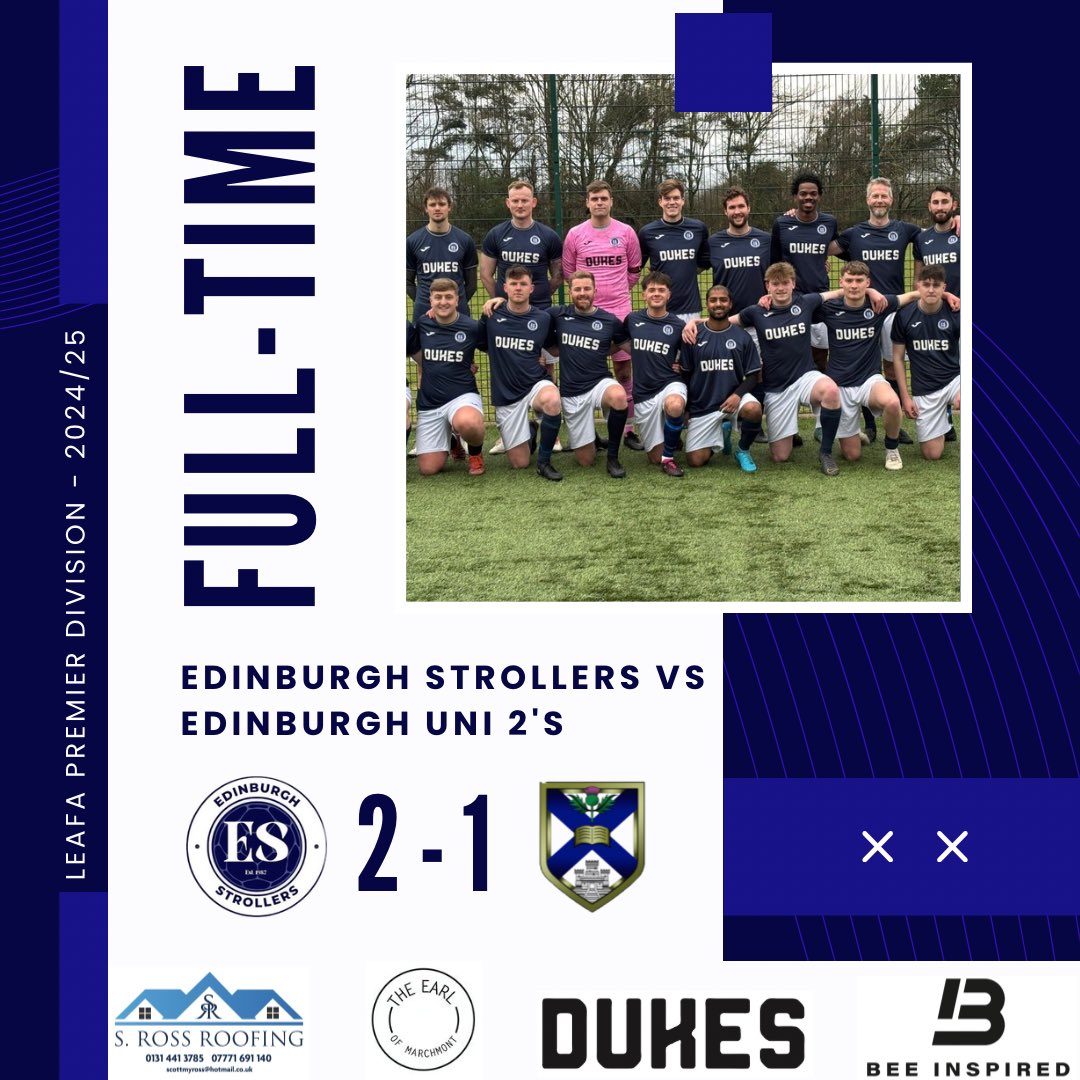 Edinburgh Strollers (@edinstrollersfc) on Twitter photo FT RESULT: Edinburgh Strollers 2-1 <a href="/EdinburghUniAFC/">EUAFC</a> 2βs
A big win for us tonight, showing both sides of our game and deservedly coming out with the 3 points π
<a href="/LeafaOfficial/">Official_LEAFA</a> <a href="/scottish_aff/">AmateurFixturesResultsSCO</a> <a href="/L1veAtTheAmmys/">Live At The Ammys</a>
Sponsors:
Dukes
Earl of Marchmont
S Ross Roofing
<a href="/beeinspired/">Bee Inspired Clothing</a>
π΅βͺοΈπ΅βͺοΈ FT RESULT: Edinburgh Strollers 2-1 <a href="/EdinburghUniAFC/">EUAFC</a> 2βs
A big win for us tonight, showing both sides of our game and deservedly coming out with the 3 points π
<a href="/LeafaOfficial/">Official_LEAFA</a> <a href="/scottish_aff/">AmateurFixturesResultsSCO</a> <a href="/L1veAtTheAmmys/">Live At The Ammys</a>
Sponsors:
Dukes
Earl of Marchmont
S Ross Roofing
<a href="/beeinspired/">Bee Inspired Clothing</a>
π΅βͺοΈπ΅βͺοΈ