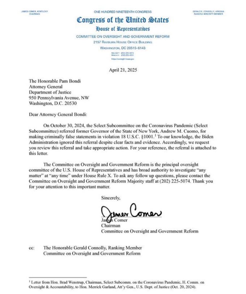 nicksortor's tweet photo. 🚨 #BREAKING: House Oversight Committee Chair James Comer has referred Andrew Cuomo to the DOJ for CRIMINAL prosecution

“Cuomo is a man with a history of corruption and deceit, now caught red-handed lying to Congress during investigation into the COVID-19 nursing home tragedy in New York,” Comer said

LOCK HIM UP!