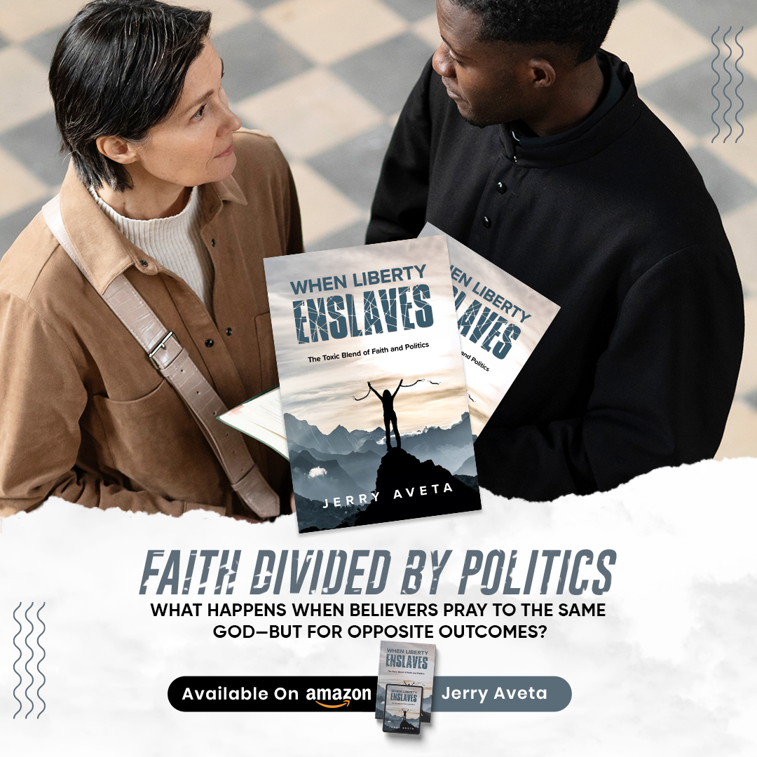 JerryAveta's tweet photo. Faith. Politics. Division. 
What happens when two people pray to the same God... but for completely opposite outcomes? 

#WhenLibertyEnslaves #JerryAveta  #FaithVsPolitics #ThoughtProvokingReads  #BooksThatChallenge #ReligionAndPolitics  #MustReadBooks #DeepReads #TruthOverTribe https://t.co/AQpM44tsbt