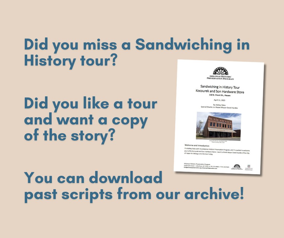 People often ask us if they can get a copy of our tour scripts. The answer is YES! Click here to browse the archive: loom.ly/eD9QVpU. Newly posted: Kocourek and Son Hardware &amp; Cherry–Luter Estate (AKA "The Castle").
#ARPreservation #ArkansasHistory #AuthenticArkansas