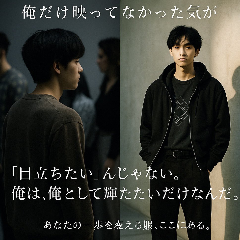 集合写真を見返したとき、気づいた。
自分だけ、色がない。

笑ってるはずなのに、どこか寂しそうで。
無難な服で、無難に生きてきた。

でも本当はずっと心の中で叫んでた。
「俺も、変わりたい」って。

目立ちたいんじゃない。
忘れられる存在でいたくないだけ。