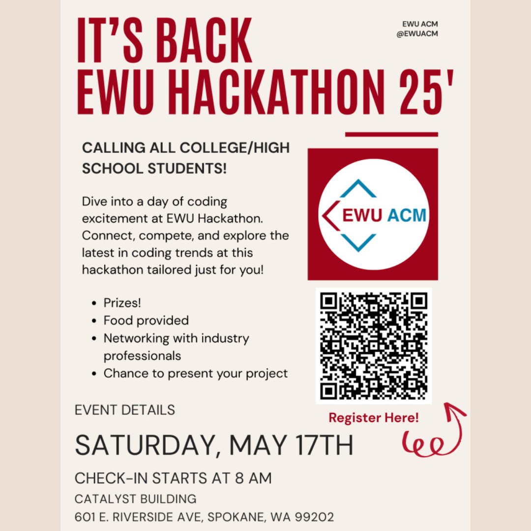 EWU College of STEM (@ewucstem) on Twitter photo EWU's own Association for Computing Machinery chapter is once again holding the 1-day EWU Hackathon!
Teams range from 1-4 members, and you can register your team through the QR code or our LinkTree!
For further inquiries, contact EWU ACM at ewu.acm@gmail.com! EWU's own Association for Computing Machinery chapter is once again holding the 1-day EWU Hackathon!
Teams range from 1-4 members, and you can register your team through the QR code or our LinkTree!
For further inquiries, contact EWU ACM at ewu.acm@gmail.com!