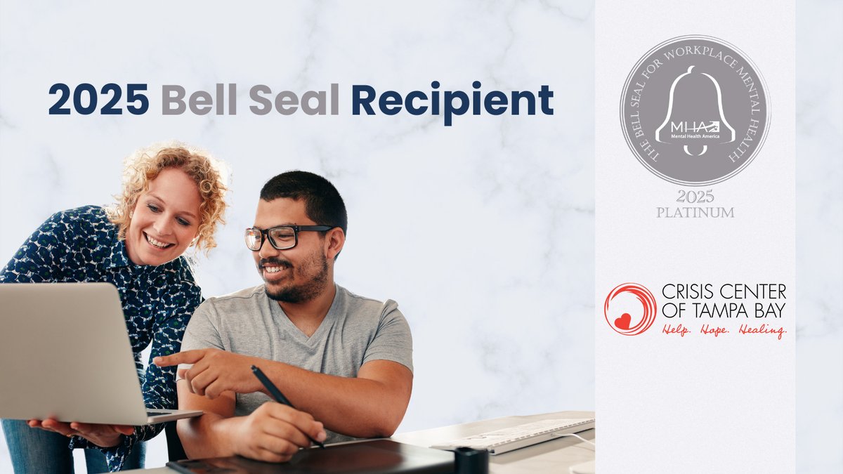 For the 2nd year in a row, the Crisis Center of Tampa Bay earned Mental Health America’s Platinum Bell Seal for Workplace Mental Health—recognizing excellence in culture, benefits, compliance, and wellness to support employee mental well-being.