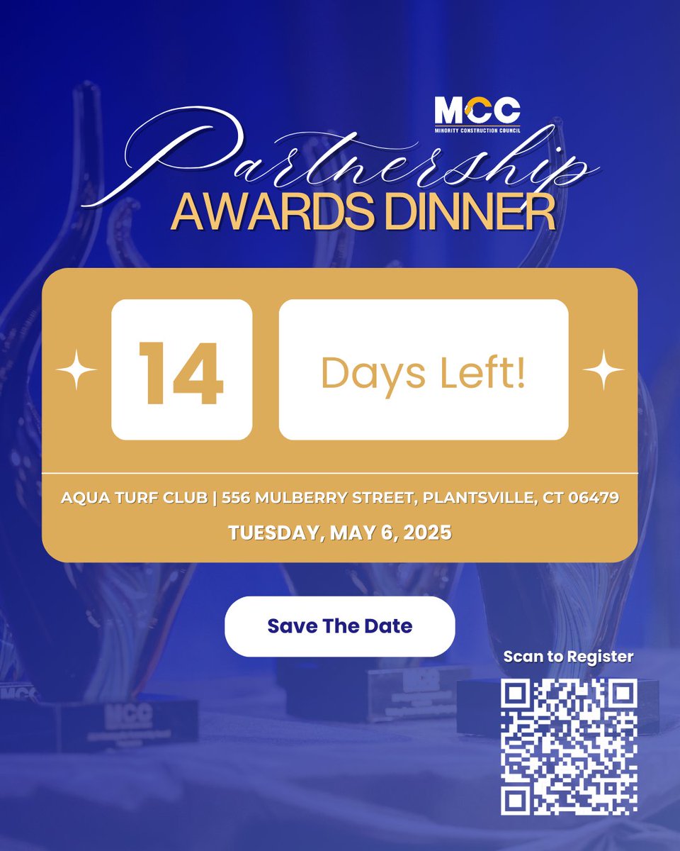 The countdown is ON! Just 2 weeks left until the MCC Partnership Awards Dinner! 

Join us for an unforgettable evening of celebration, recognition, and connection.

Scan the QR code to register! or visit mccforct.org and become a sponsor today!

#MCC #PAD