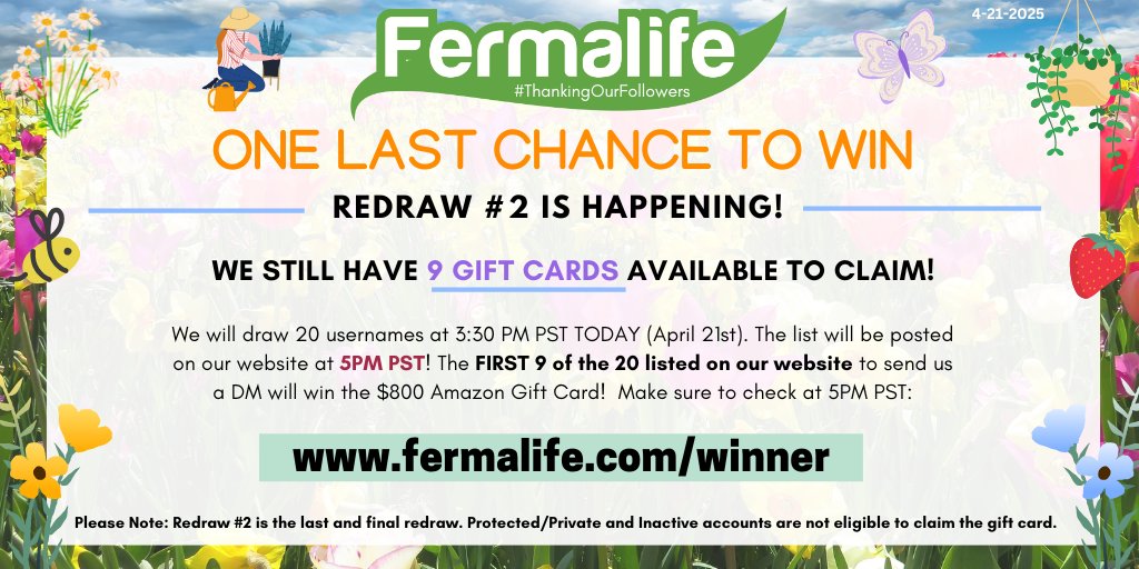 ✨👩‍🌾GOOD NEWS! Redraw #2 is happening! There's ONE LAST CHANCE to win a $800 #AmazonGiftCard! We will draw 20 usernames @ 3:30PM PST &amp; the list will be posted at 5PM PST. If you recognize your username, send us a DM! Redraw 2 will be the last, final redraw fermalife.com/winner