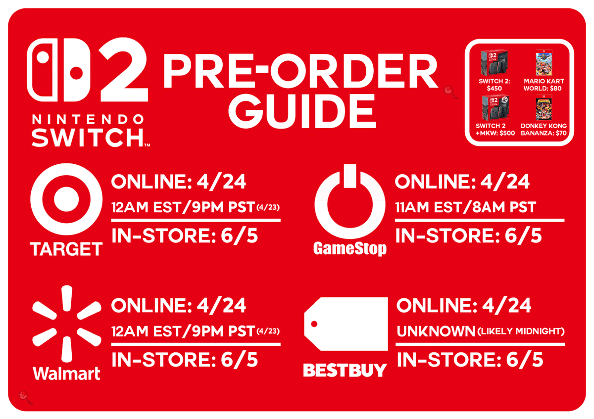 switchstock's tweet photo. Here's a Guide to Pre-Ordering a Nintendo Switch 2 this Thursday (4/24) for available retailers

Are you planning on getting a console

#NintendoSwitch2 https://t.co/gei8N40weS