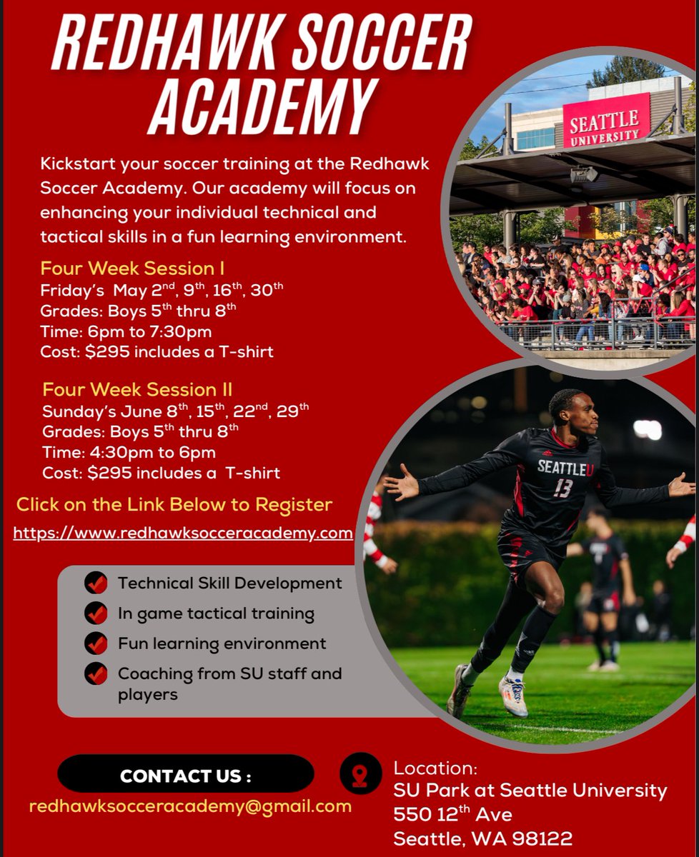 SeattleUMSoccer's tweet image. Registration is now open for our Redhawk Soccer Academy!
Come train with current and former Redhawks players and take your game to the next level. With elite coaching, a fun environment, and a true Redhawk experience.
Secure your spot today at the link in our bio 🔗