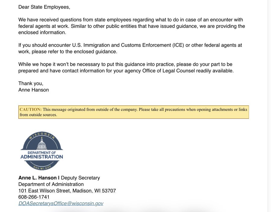 libsoftiktok's tweet image. Democrat Wisconsin Gov. Tony Evers’ Administration sent emails to state employees instructing them on how to confront federal immigration agents.

These instructions include ignoring any questions from federal agents and denying them entry to parts of government buildings.

It is…