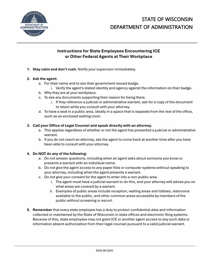 libsoftiktok's tweet image. Democrat Wisconsin Gov. Tony Evers’ Administration sent emails to state employees instructing them on how to confront federal immigration agents.

These instructions include ignoring any questions from federal agents and denying them entry to parts of government buildings.

It is…