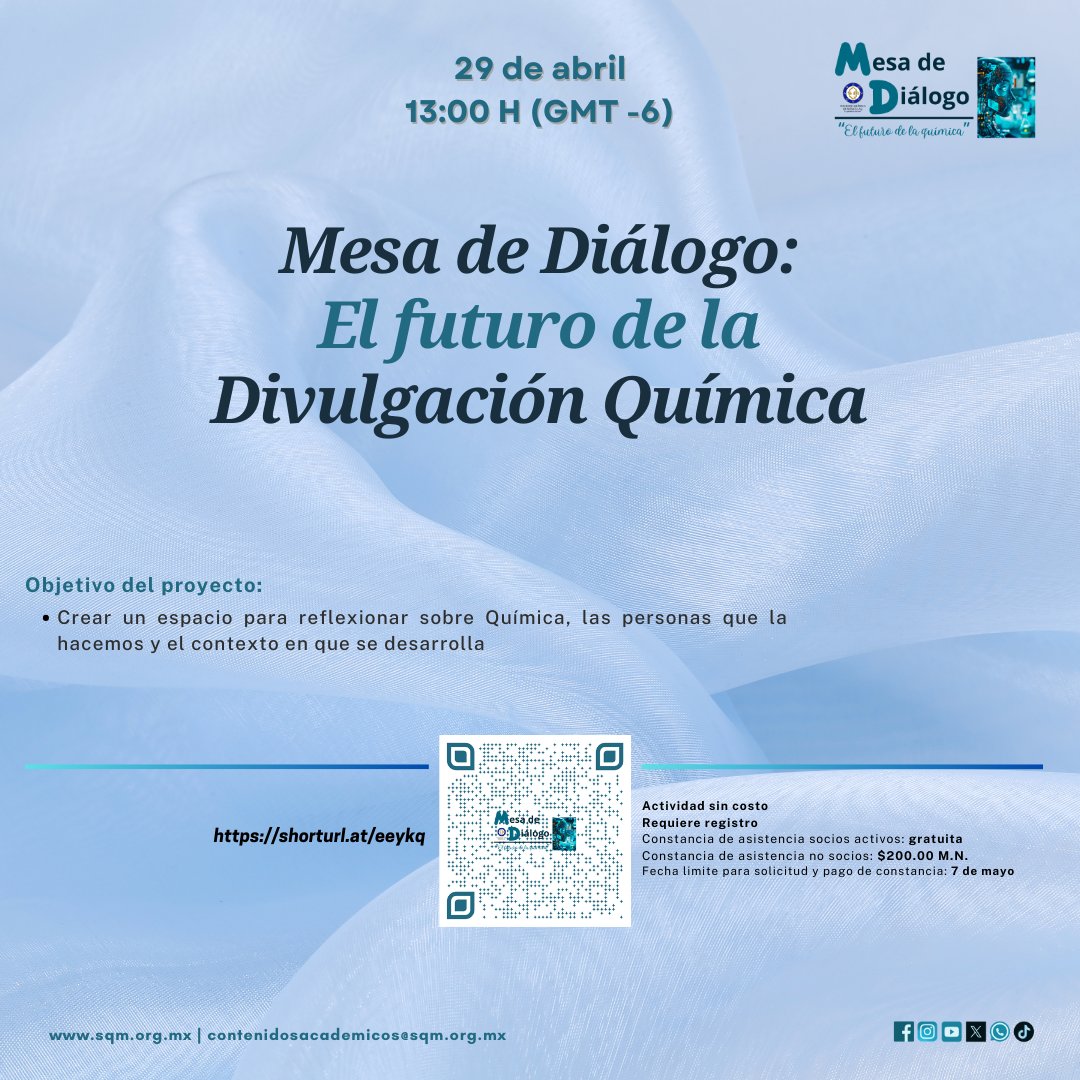 Los invitamos a la #MesadeDiálogo: El Futuro de la Divulgación Química.

El 29 de abril a las 13:00 hrs. (GMT-6)

Actividad sin costo
Requiere registro

Link de registro:
shorturl.at/eeykq

#SQM #LaQuímicaNosUne #QUÍMICA #DivulgaciónQuímica #ElFuturodelaQuímica