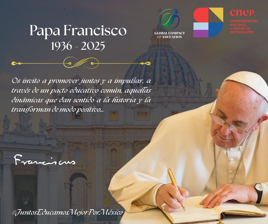 El Pacto Educativo Global fue lanzado por el P. Francisco en 2019. Fue una iniciativa impulsada para reunir a personas y org's de todo el mundo para promover una educación inclusiva y sostenible.
#JuntosEducamosMejorPorMéxico 
#PactoEducativoGlobal
#CNEP
#CIEC
#PapaFrancisco