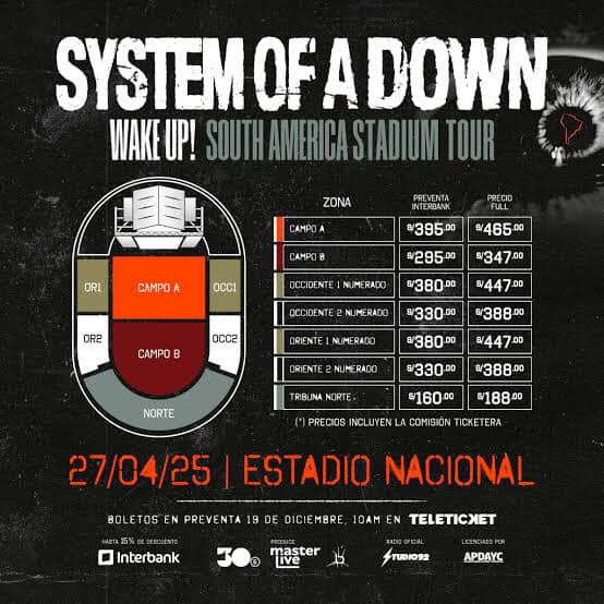 Vendo entrada a SOaD. Occidente 1, Fila 8, Asiento 11 a 470 soles. Negociable.