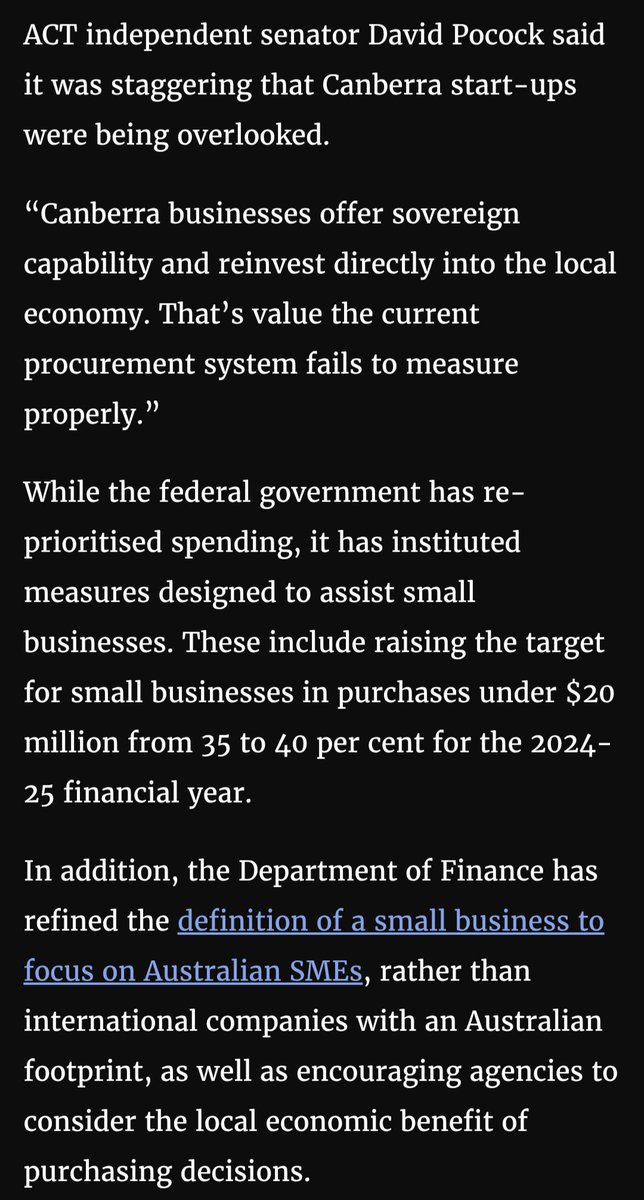 It’s staggering that Canberra start-ups are being overlooked for govt contracts, despite offering sovereign capability &amp; reinvesting in our local economy.

I fought for a definition of ‘Australian business’

Now it must be used to back Canberra businesses.
canberratimes.com.au/story/8937129/…