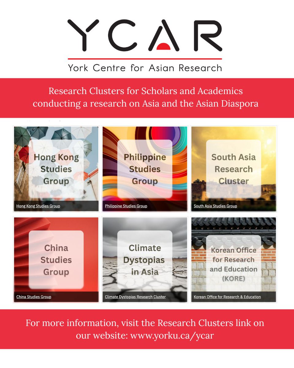 YCAR (@asia_york) on Twitter photo ๐ YorkU students, faculty & GTA researchers โ working on Asia or Asian diasporas?
Join a #YCAR Research Cluster:
๐ญ๐ฐ Hong Kong
๐ต๐ญ Philippines
๐ฐ๐ท Korea
๐จ๐ณ China
๐ฎ๐ณ South Asia
๐ฟ Climate Dystopias in Asia
๐ฌ More Info and Sign-up: buff.ly/BDuzzQJ
#YorkU #AsiaResearch ๐ YorkU students, faculty & GTA researchers โ working on Asia or Asian diasporas?
Join a #YCAR Research Cluster:
๐ญ๐ฐ Hong Kong
๐ต๐ญ Philippines
๐ฐ๐ท Korea
๐จ๐ณ China
๐ฎ๐ณ South Asia
๐ฟ Climate Dystopias in Asia
๐ฌ More Info and Sign-up: buff.ly/BDuzzQJ
#YorkU #AsiaResearch