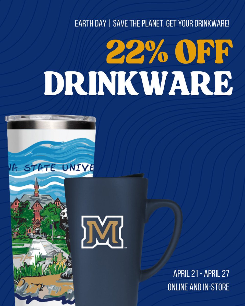 Happy Earth week Bobcats! 🌎😸

In honor of Earth Day this Tuesday, enjoy 22% off Drinkware both in-store and online. Help the planet by reusing your bottles, get brand new Bobcat drinkware today! Exclusions do apply.
➡️ msubookstore.org/category/10004…

#gocatsgo | #msubookstore