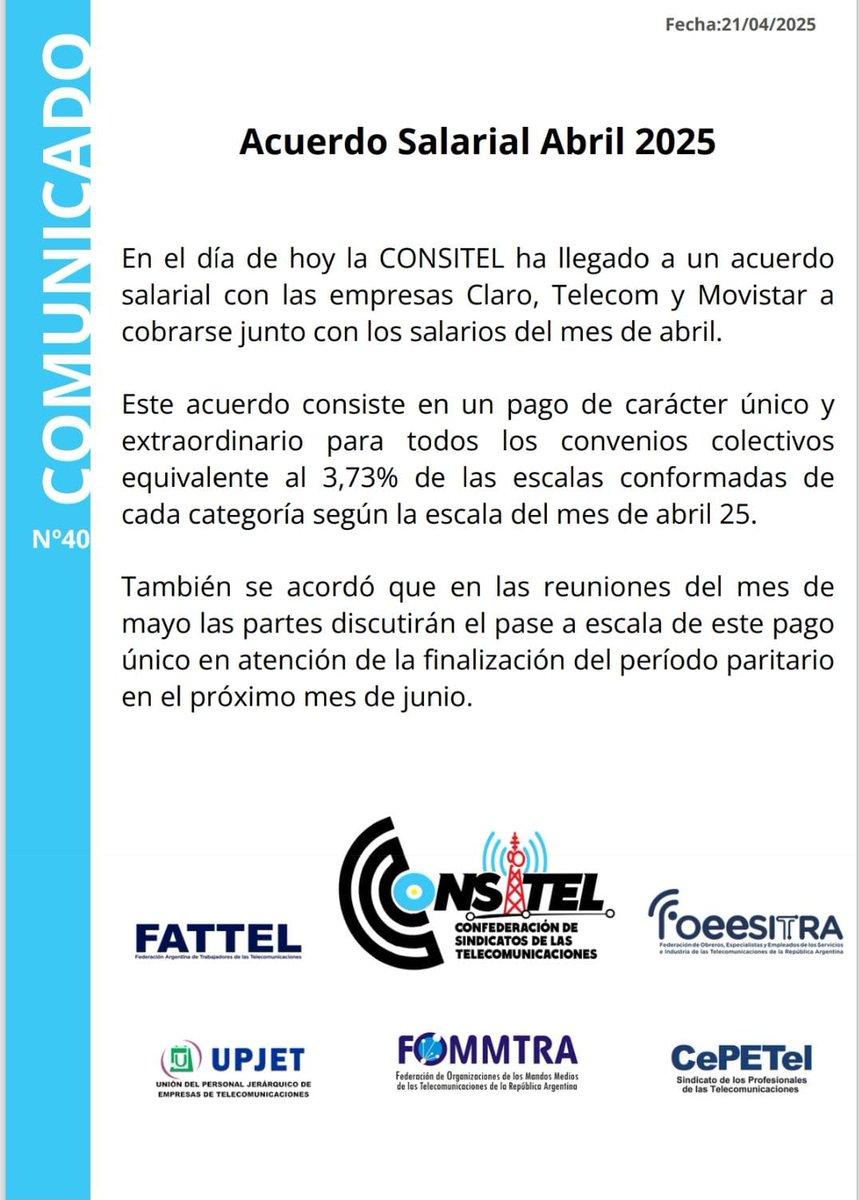 FATTEL (@fattelorg) on Twitter photo Nuevo acuerdo salarial Abril 2025
#paritarias 
#telefónicos Nuevo acuerdo salarial Abril 2025
#paritarias 
#telefónicos