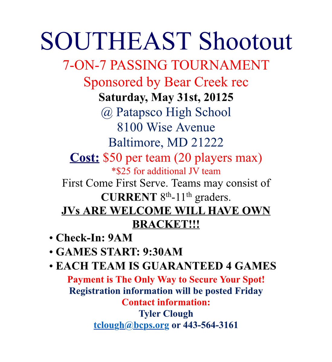 Save the date! Southeast 7v7 shootout tournament will be Saturday, May 31st sponsored by Bear Creek rec @ Patapsco. Official flyer and registration link will be out this Friday! Come compete in the southeast!