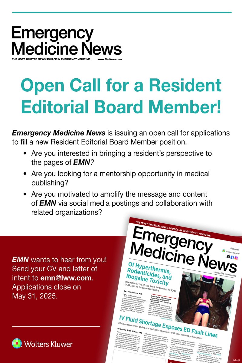 Emergency Medicine News (@emnews) on Twitter photo 🚨 CALLING ALL EMERGENCY MEDICINE RESIDENTS AND FELLOWS 🚨 Send your CV and letter of intent to emn@lww.com. Applications close on May 31, 2025. We look forward to hearing from you! <a href="/emresidents/">emresidents</a> #EmergencyMedicineNews 🚨 CALLING ALL EMERGENCY MEDICINE RESIDENTS AND FELLOWS 🚨 Send your CV and letter of intent to emn@lww.com. Applications close on May 31, 2025. We look forward to hearing from you! <a href="/emresidents/">emresidents</a> #EmergencyMedicineNews