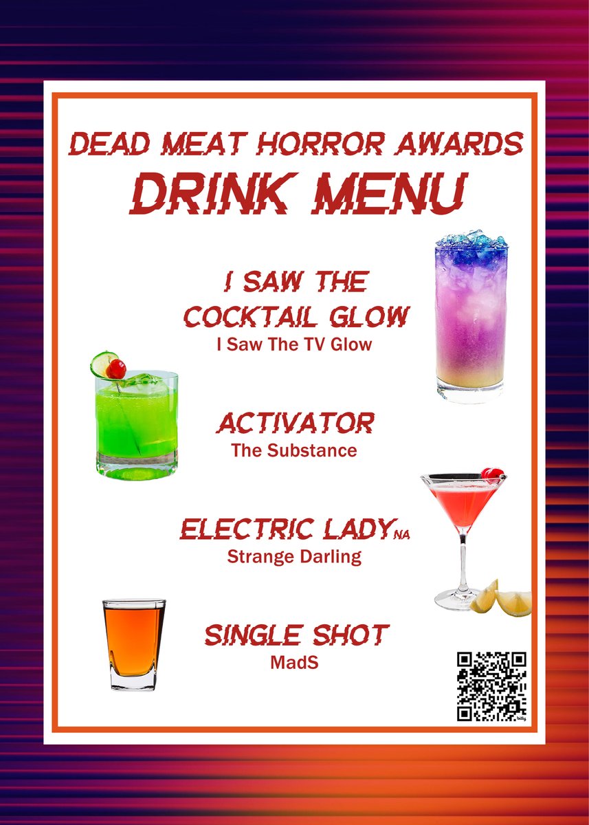 The menu for the 2025 Dead Meat Horror Awards are here!

Make sure you watch it at home with drink in hand, and food on the table with these themed snacks! Scan the QR code for the recipes!
 
Food Guide: bit.ly/DMHAFood2025
Drink Guide: bit.ly/DMHADrinks2025