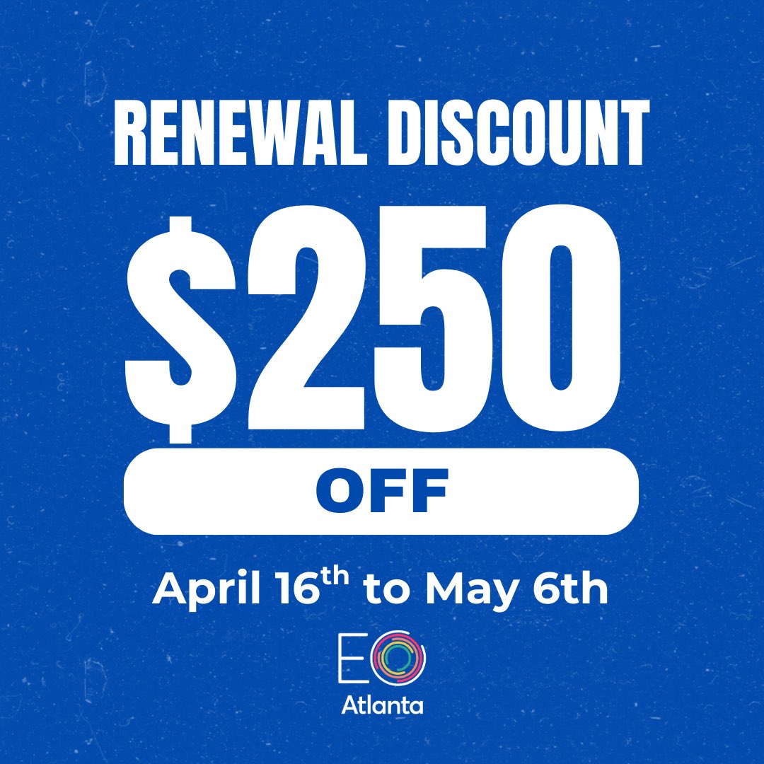 EO Atlanta Members! We are running a special discount on renewals for the next year ✅

From April 16th to May 6th we are offering a $250 discount. This will be the last discount so make sure you take advantage of this opportunity.

You won't want to miss out on EO 2025-2026 📅