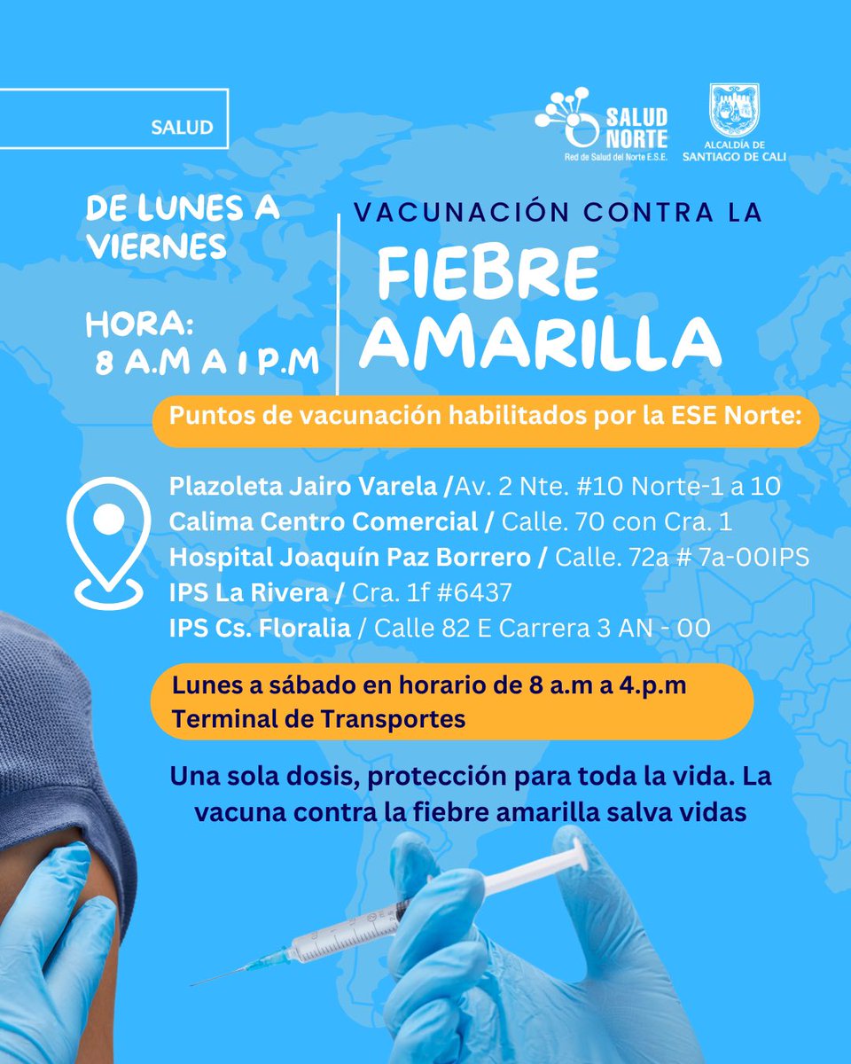 ¡ATENCIÓN, CALI! 🚨
A partir de mañana, martes 22 de abril, hemos habilitado varios puntos de vacunación contra la fiebre amarilla en la ciudad.

⏰ Horarios:

Lunes a viernes: 8 a.m. a 1 p.m.

Sábados en Terminal: 8 a.m. a 4 p.m.