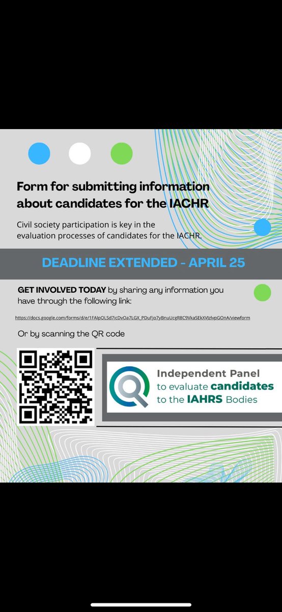 Panel Independiente (@panelsidh) on Twitter photo 📣 DEADLINE EXTENDED - APRIL 25
<a href="/PanelSIDH/">Panel Independiente</a> is currently evaluating candidates for the IACHR <a href="/CIDH/">CIDH - IACHR</a>
🔍 If you have relevant information about any of the candidates, fill out the form
✍️ 🔗 docs.google.com/.../1FAIpQLSc2…
#IACHRElections #IACHR #CIDH #PanelSIDH2025 #OAS #OEA #HumanRights 📣 DEADLINE EXTENDED - APRIL 25
<a href="/PanelSIDH/">Panel Independiente</a> is currently evaluating candidates for the IACHR <a href="/CIDH/">CIDH - IACHR</a>
🔍 If you have relevant information about any of the candidates, fill out the form
✍️ 🔗 docs.google.com/.../1FAIpQLSc2…
#IACHRElections #IACHR #CIDH #PanelSIDH2025 #OAS #OEA #HumanRights