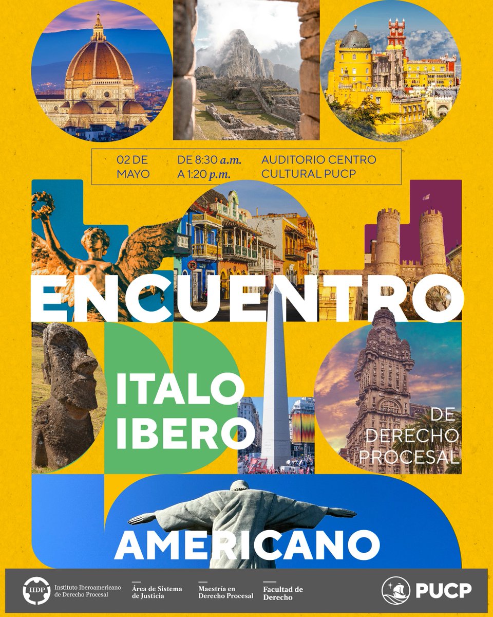 ¡El Derecho Procesal no tiene fronteras!
Te invitamos a ser parte del I Encuentro Italo-Iberoamericano de Derecho Procesal.
📅Jueves 2 de mayo de 8:30 a.m. a 1:20 p.m. en el Auditorio del CCPUCP.
Inscripción (Comunidad PUCP y público externo): bit.ly/3RO8kn3