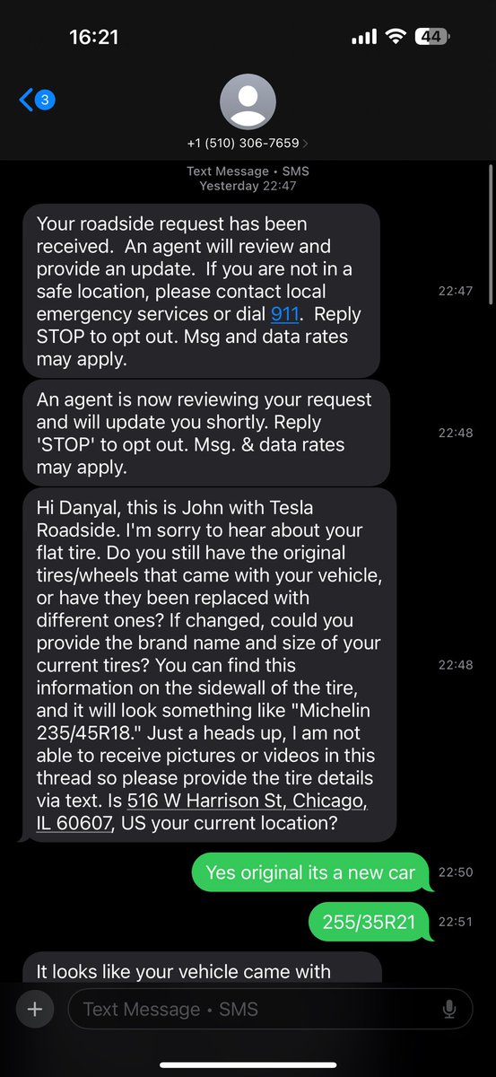 thenyal's tweet photo. 1: I’ve been a loyal @Tesla owner, but last night’s Roadside Assistance experience was a nightmare. I was stranded in an unsafe Chicago neighborhood with my friends/family — cold, raining, unsafe — and Tesla left me hanging for 2 hours. @elonmusk https://t.co/05o5eonk0A