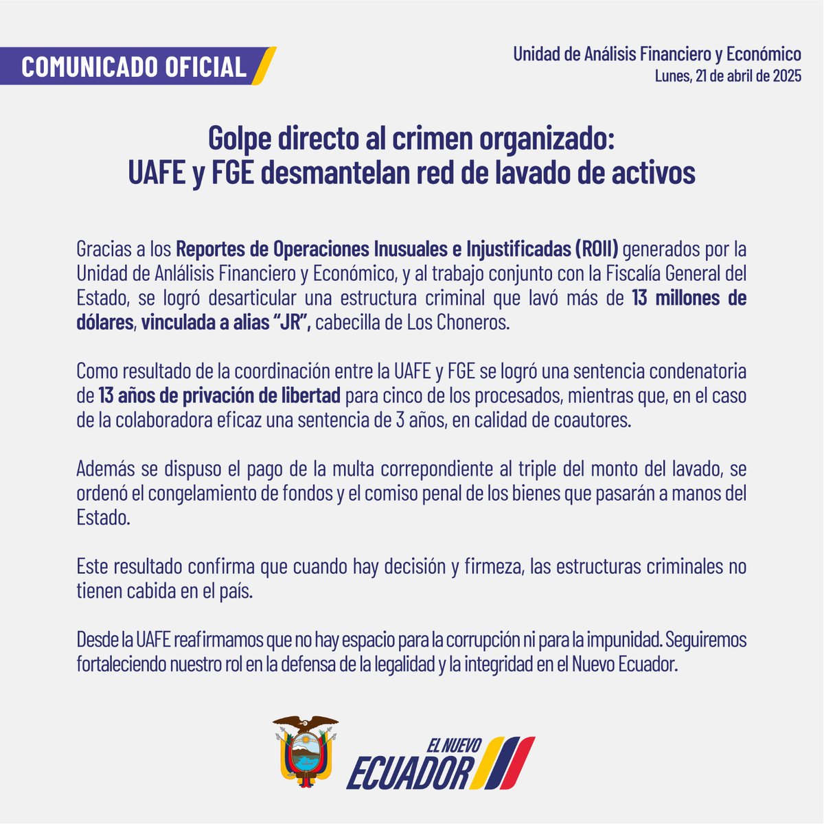 COMUNICADO ⬇️

Golpe directo al crimen organizado: UAFE y <a href="/FiscaliaEcuador/">Fiscalía Ecuador</a> desmantelan red de lavado de activos.