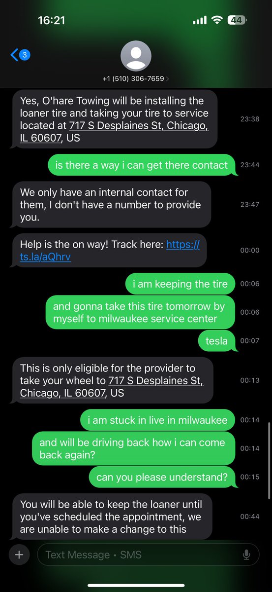 thenyal's tweet photo. 2: I live in Milwaukee and was visiting Chicago when I got a flat around 10:45 PM. I immediately contacted Tesla. First guy came super late — WITHOUT tools, didn’t understand the request, had to leave and come back. https://t.co/DOJA9DPoK6