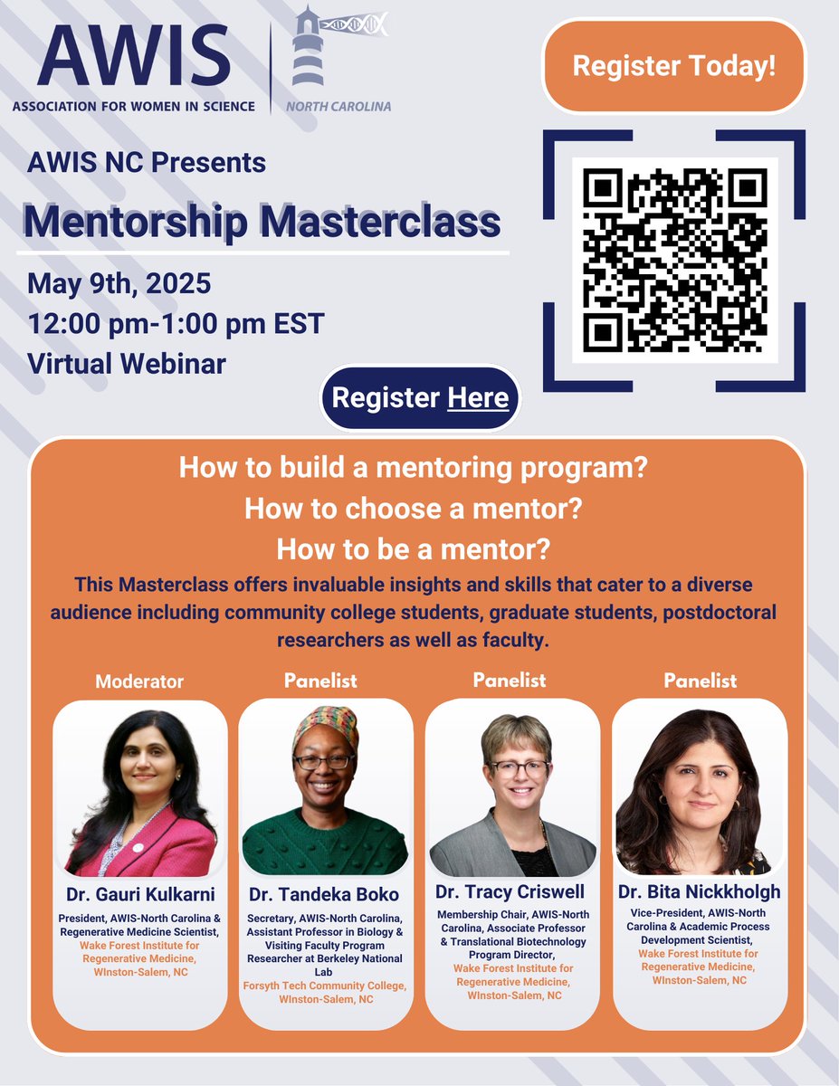 AWIS-North Carolina (@awisnc) on Twitter photo 👩‍🏫 Ready to elevate your mentoring game? Join #AWISNC virtual Mentorship Masterclass on May 9, 12 PM ET.​
Learn how to build a mentorship program, choose the right mentor, and become an effective mentor.​ Open to students, postdocs & faculty.​
🔗Register: awis.memberclicks.net/index.php?opti… 👩‍🏫 Ready to elevate your mentoring game? Join #AWISNC virtual Mentorship Masterclass on May 9, 12 PM ET.​
Learn how to build a mentorship program, choose the right mentor, and become an effective mentor.​ Open to students, postdocs & faculty.​
🔗Register: awis.memberclicks.net/index.php?opti…