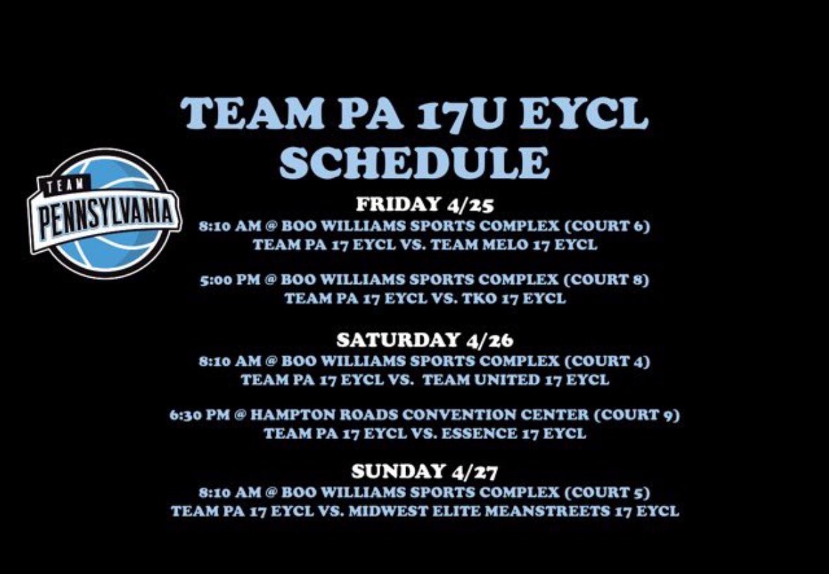 I am super excited for this weekend in Hampton Virginia! These are our game times!! <a href="/JrClutchHoops/">Jr Clutch Hoops</a> <a href="/TEAMPAHOOPS/">TEAM PENNSYLVANIA</a> <a href="/juliana_silva84/">Juliana Silva</a>
<a href="/EllaStamba55300/">Ella Stambaugh</a> <a href="/Charlie10Hills/">Charlie</a> 
<a href="/SophiaBenyo/">SophiaBenyo</a>