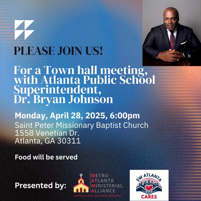 Finch ES (@apsfincheagles) on Twitter photo Attention
<a href="/APSFinchEagles/">Finch ES</a> Families!
Please join us Monday, April 28th for three Town Hall meeting at St. Peter Missionary Baptist Church with our superintendent, Dr. Johnson. We hope to see you there!
<a href="/DrTSpencer/">Dr. Tara (Cotton) Spencer</a>
<a href="/apsupdate/">ATL Public Schools</a>
<a href="/_craigasimmons/">Craig Simmons, Ed. S.</a> Attention
<a href="/APSFinchEagles/">Finch ES</a> Families!
Please join us Monday, April 28th for three Town Hall meeting at St. Peter Missionary Baptist Church with our superintendent, Dr. Johnson. We hope to see you there!
<a href="/DrTSpencer/">Dr. Tara (Cotton) Spencer</a>
<a href="/apsupdate/">ATL Public Schools</a>
<a href="/_craigasimmons/">Craig Simmons, Ed. S.</a>
