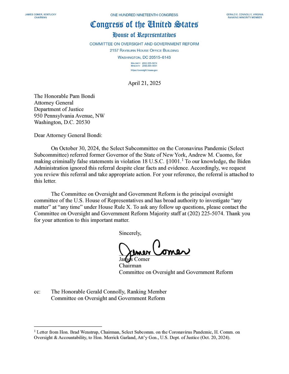 🚨BREAKING: Andrew Cuomo officially referred to Attorney General Pam Bondi for criminal prosecution by Oversight Chairman James Comer.