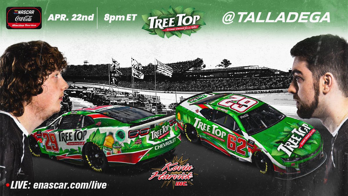 KHI_eSports's tweet image. The battle is on at Talladega!
Tune in tomorrow at 8PM ET as the TreeTop duo takes on the high banks!

LIVE: enascar.com/live

#eNASCAR #KHI #TreeTop #iRacing #Talladega #CocaColaRacing #KevinHarvickInc