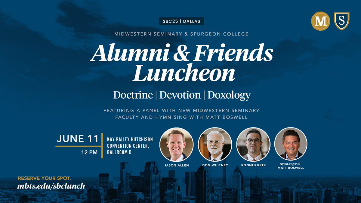 Ronni Kurtz (@ronnikurtz) on Twitter photo My first event back representing <a href="/MBTS/">Midwestern Seminary</a> will be the always fun Alumni and Friends Luncheon at #SBC25.
Would love to see you all in Dallas: mbts.edu/sbclunch My first event back representing <a href="/MBTS/">Midwestern Seminary</a> will be the always fun Alumni and Friends Luncheon at #SBC25.
Would love to see you all in Dallas: mbts.edu/sbclunch
