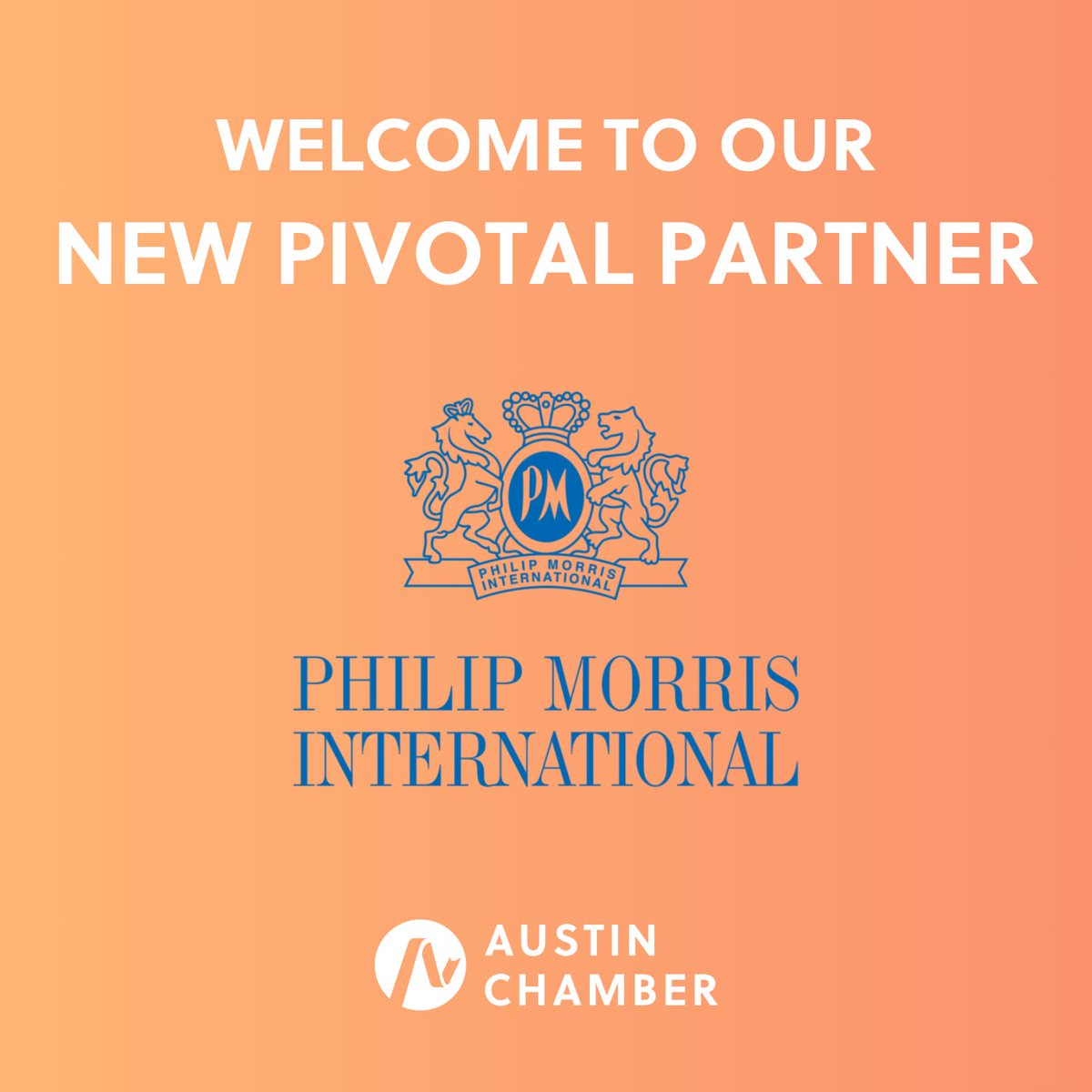 AustinChamber (@austinchamber) on Twitter photo Welcome to our newest Pivotal Partner, <a href="/InsidePMI/">Philip Morris International</a>! Phillip Morris International is committed to delivering a smoke-free future. Our Partners are companies that invest in our programming throughout the year, such as Annual Meeting, and the Greater Austin Business Awards. Welcome to our newest Pivotal Partner, <a href="/InsidePMI/">Philip Morris International</a>! Phillip Morris International is committed to delivering a smoke-free future. Our Partners are companies that invest in our programming throughout the year, such as Annual Meeting, and the Greater Austin Business Awards.