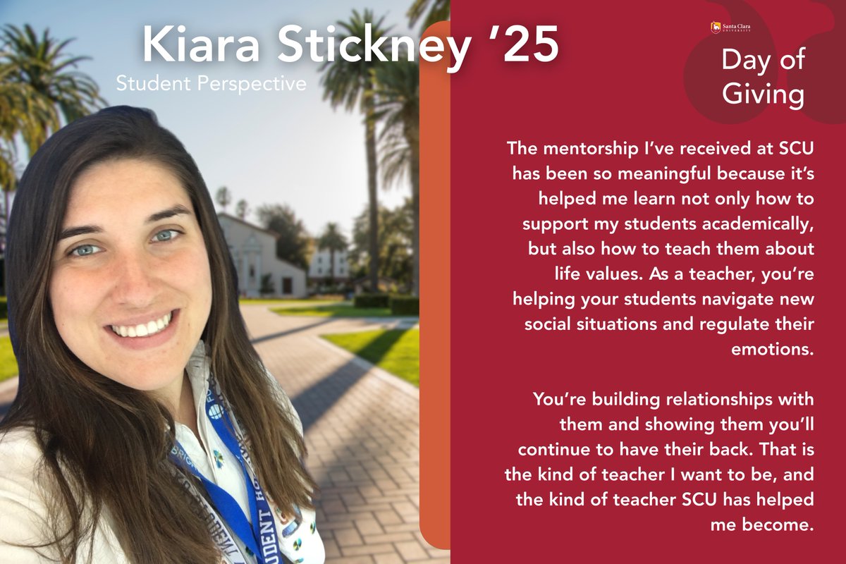 🎉 TWO DAYS until Day of Giving! A gift of any amount will help provide more scholarships that enable students to access a formative, SCU education and make a difference in our communities. Read the story of scholarship recipient Kiara Stickney here: bit.ly/3RXGR1Y