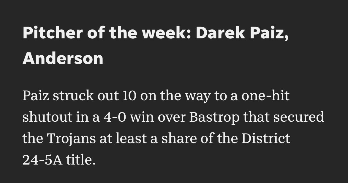Darek Paiz was selected as the pitcher of the week by the Austin American Statesman for his outstanding performance against Bastrop. Great job <a href="/Dpiecanes24/">Darek Paiz</a> !