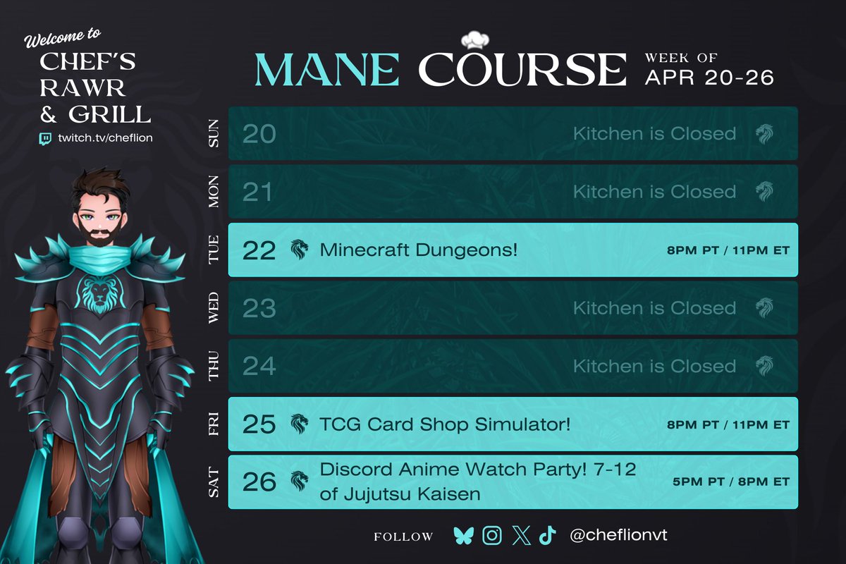 ChefLionVT's tweet photo. New skeddy!! 
#Cheflion #Vtuber #ENVtuber #twitchstreamer #schedule https://t.co/wCYCIQFhkv