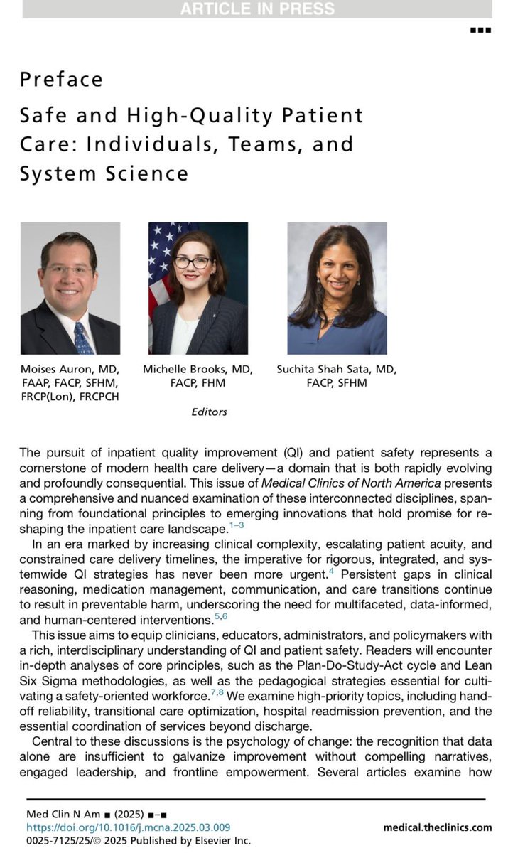 Med Peds Hospitalist (@medpedshosp) on Twitter photo Excited to share that the preface for the upcoming issue on Inpatient Quality and Patient Safety at <a href="/Med_Clinics/">Medical Clinics</a> is available before print!
sciencedirect.com/science/articl…
<a href="/SuchitaSata/">Suchita Shah Sata, MD</a> <a href="/michellebr00ks/">Michelle Brooks, MD, SFHM</a>
<a href="/ACPIMPhysicians/">ACP</a> <a href="/SocietyHospMed/">Society of Hospital Medicine</a> <a href="/SocietyGIM/">SGIM</a> <a href="/ClevelandClinic/">Cleveland Clinic</a> Excited to share that the preface for the upcoming issue on Inpatient Quality and Patient Safety at <a href="/Med_Clinics/">Medical Clinics</a> is available before print!
sciencedirect.com/science/articl…
<a href="/SuchitaSata/">Suchita Shah Sata, MD</a> <a href="/michellebr00ks/">Michelle Brooks, MD, SFHM</a>
<a href="/ACPIMPhysicians/">ACP</a> <a href="/SocietyHospMed/">Society of Hospital Medicine</a> <a href="/SocietyGIM/">SGIM</a> <a href="/ClevelandClinic/">Cleveland Clinic</a>
