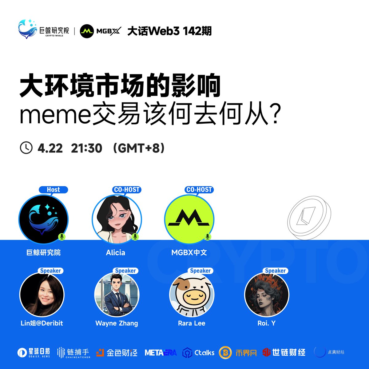 巨鲸研究院 (@cryptowhale1888) on Twitter photo 🎤大话Web3 142期
📅 大环境市场的影响 meme交易该何去何从?
巨鲸研究院联合 <a href="/LinChen91162689/">Lin姐@Deribit</a> <a href="/Wayne_Z5/">Wayne Zhang</a> <a href="/aliciafights/">Alicia🎼|𝟎𝐱𝐔</a> <a href="/Real_RaraLee/">Rara Lee</a> <a href="/0xGinana/">Gina 🪼</a> <a href="/jianguotz/">建国同志</a>带来精准投研分享
超强硬核干货!锁定<a href="/CryptoWhale1888/">巨鲸研究院</a>,
点击Space预约,04月22日晚上21:30 见! 🎤大话Web3 142期
📅 大环境市场的影响 meme交易该何去何从?
巨鲸研究院联合 <a href="/LinChen91162689/">Lin姐@Deribit</a> <a href="/Wayne_Z5/">Wayne Zhang</a> <a href="/aliciafights/">Alicia🎼|𝟎𝐱𝐔</a> <a href="/Real_RaraLee/">Rara Lee</a> <a href="/0xGinana/">Gina 🪼</a> <a href="/jianguotz/">建国同志</a>带来精准投研分享
超强硬核干货!锁定<a href="/CryptoWhale1888/">巨鲸研究院</a>,
点击Space预约,04月22日晚上21:30 见!