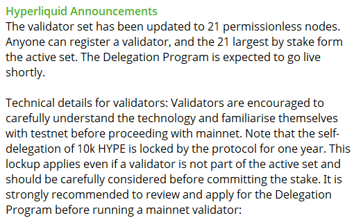 HyperFocus News (@hyperfocushl) on Twitter photo π¨ BREAKING on <a href="/HyperliquidX/">Hyperliquid</a>
Hyperliquid has updated its validator set to be permissionless, expanding from 16 β 21 nodes.
Anyone can become a validator by staking enough HYPE
With a minimum self-delegation of 10,000 HYPE (about $183,100 at current prices).
#Hyperliquid π¨ BREAKING on <a href="/HyperliquidX/">Hyperliquid</a>
Hyperliquid has updated its validator set to be permissionless, expanding from 16 β 21 nodes.
Anyone can become a validator by staking enough HYPE
With a minimum self-delegation of 10,000 HYPE (about $183,100 at current prices).
#Hyperliquid