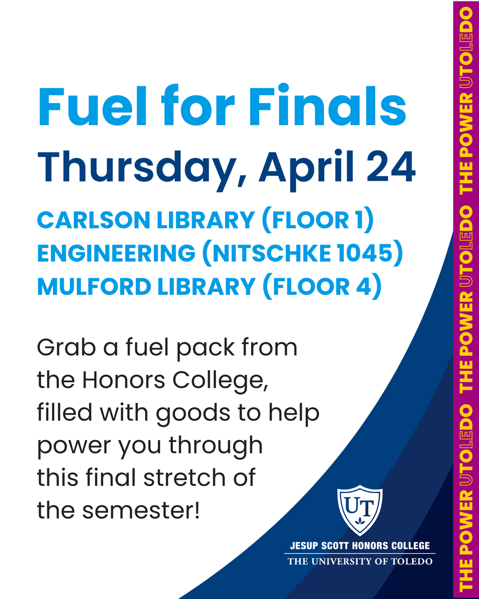 Need a quick pick-me-up? Stop outside of Room 420 on the fourth floor of Mulford Library and grab a FREE Fuel Pack from <a href="/UTHonors/">UToledo Honors College</a>  on Thursday, April 24th.