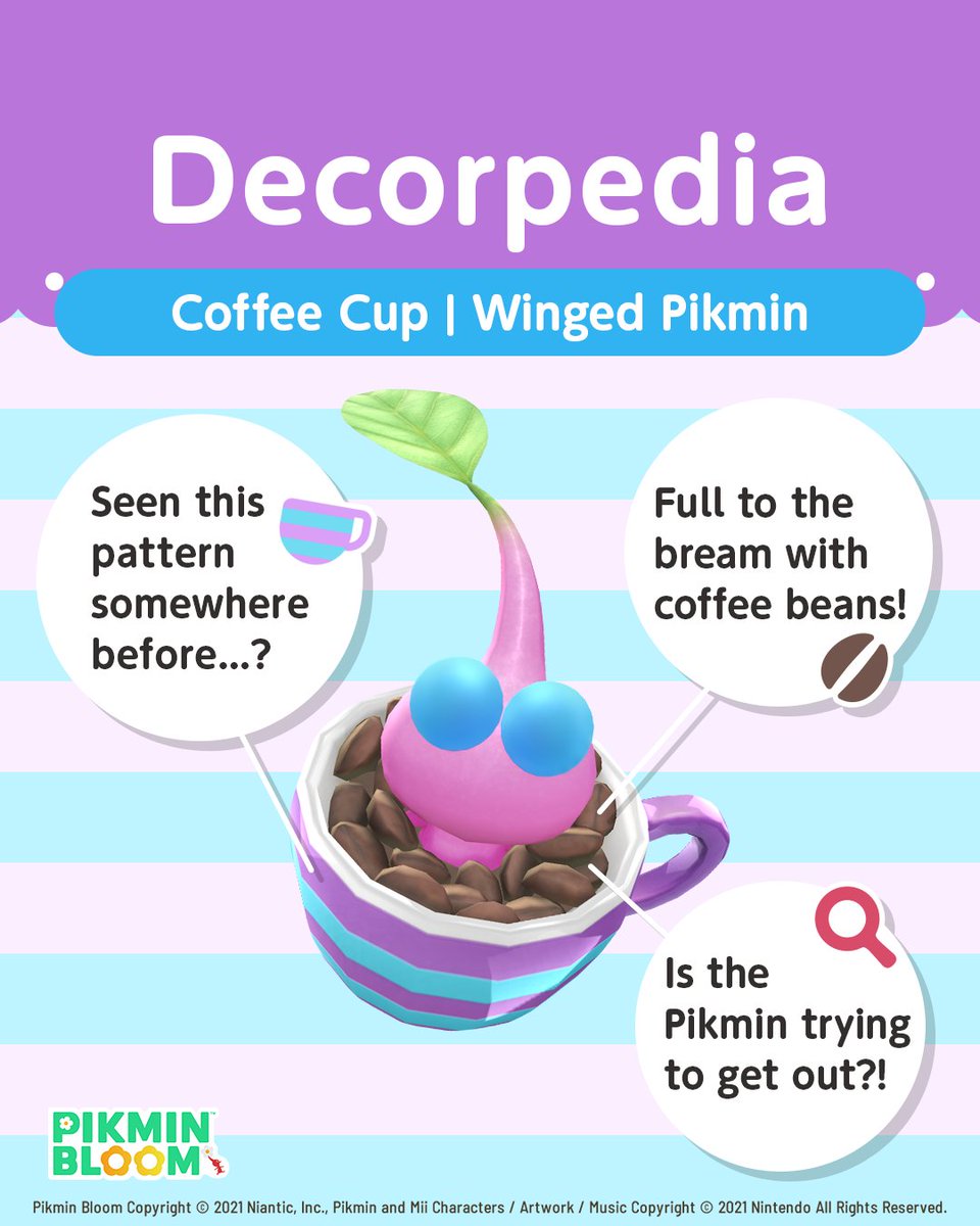 PikminBloom's tweet photo. #Decorpedia 📖✨
☕️Coffee Cup | Decor Pikmin ☕️

We could swear we’ve seen this pattern before somewhere… we just can’t put our finger on it 💜🩵

If you have some Coffee Cup Decor Pikmin in your squad, it may be time to take a closer look at them 🔍️🤭 https://t.co/y4XTGgwg9S