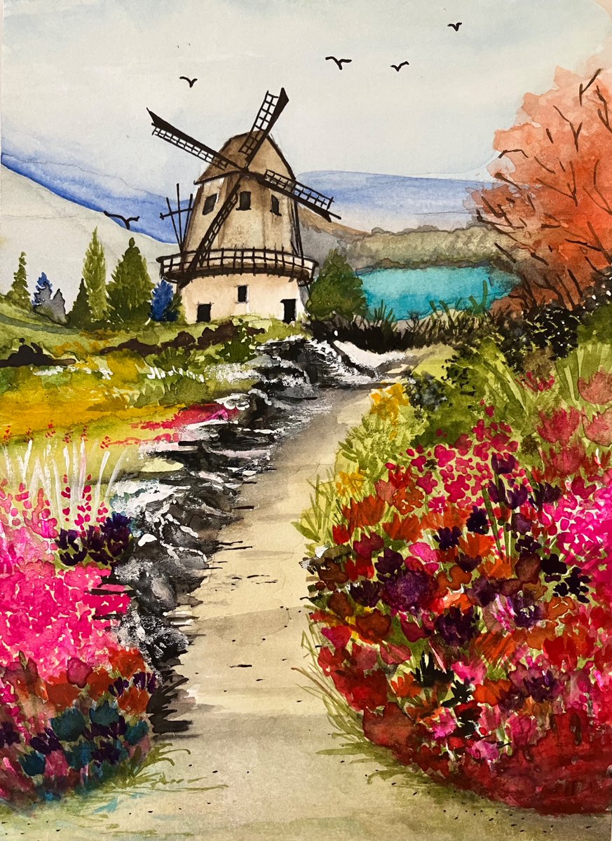New painting tonight. #watercolorpainting #watercolor #windmill #rocks